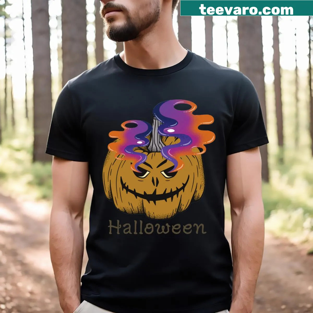 Cheerful Halloween pumpkin t-shirt for kids featuring playful graphics. — on a men's t-shirt