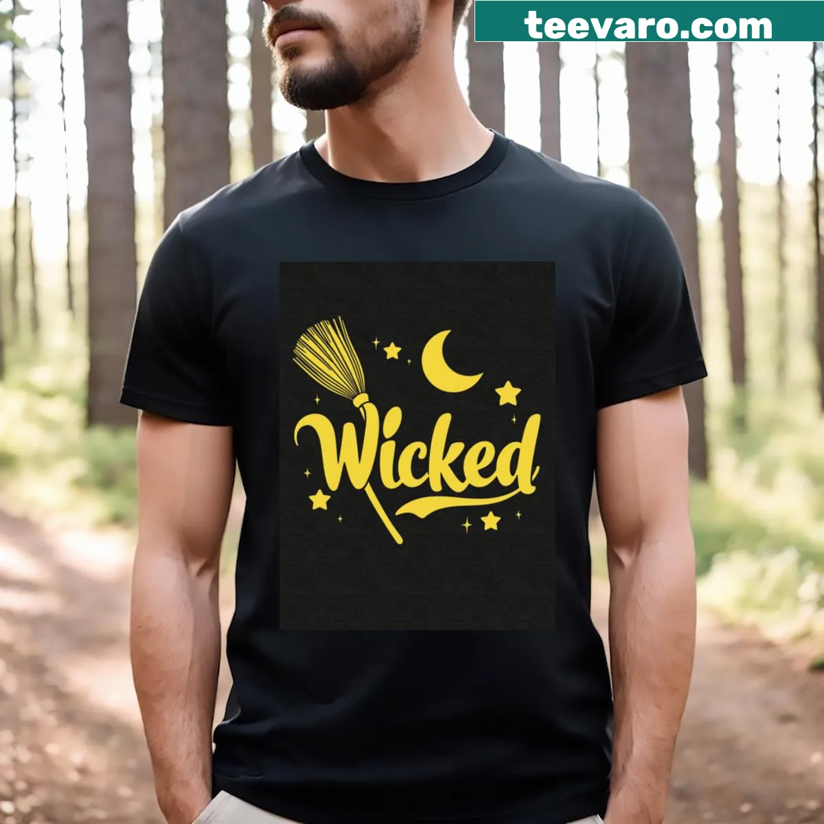 Retro Halloween t-shirt featuring a wicked witch on a broom graphic — on a men's t-shirt