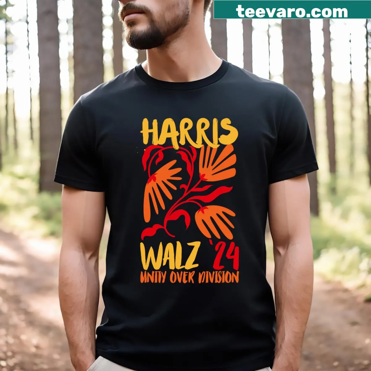 Typography T-shirt featuring 'Unity Over Division' for Harris Waltz 2024. — on a men's t-shirt