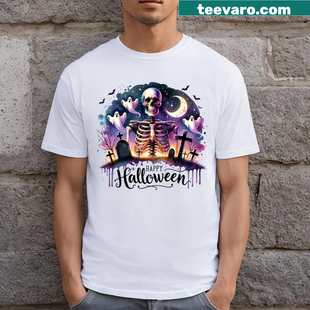 Skeleton in a haunted cemetery with ghosts and bats illustration — on a men's t-shirt
