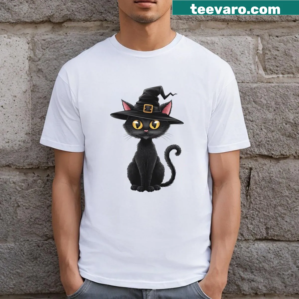 Cute black cat stickers graphic t-shirt for Halloween fans — on a men's t-shirt