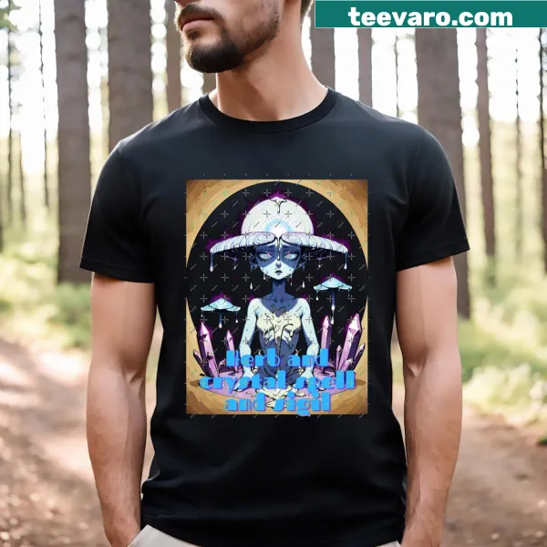 Mystical line-art design featuring a witchy woman with crystals.