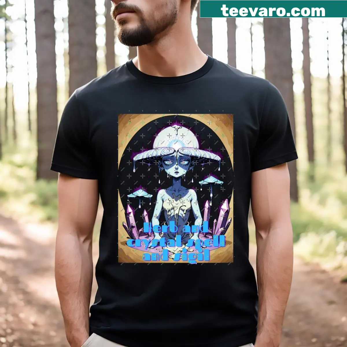 Mystical line-art design featuring a witchy woman with crystals. — on a men's t-shirt