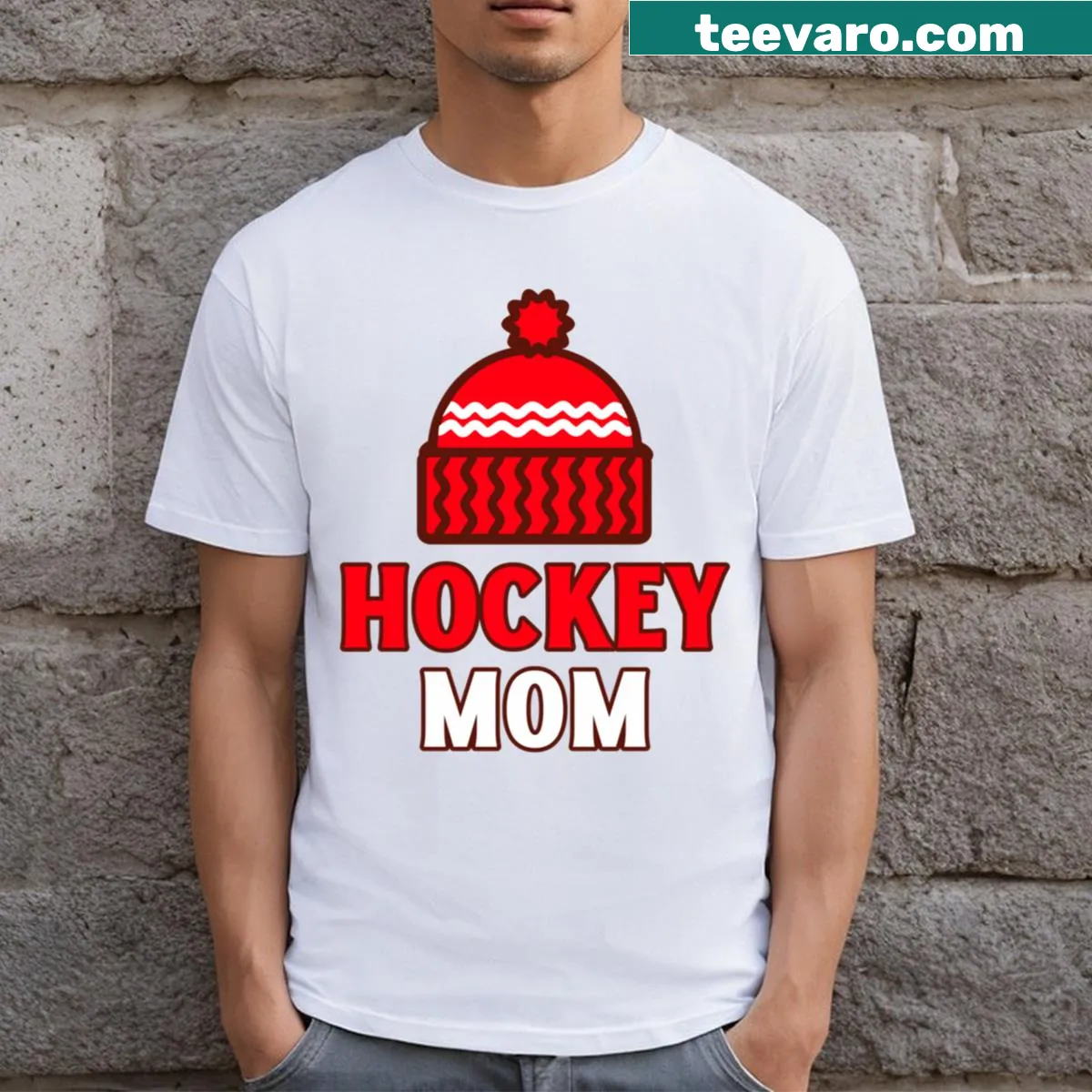 Playful typography graphic saying 'Hockey Mom'. — on a men's t-shirt