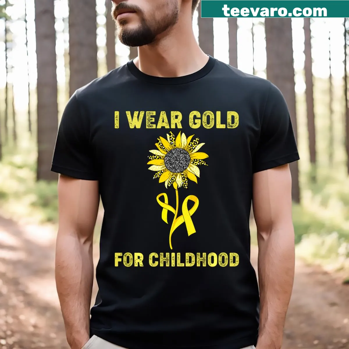 T-shirt with gold sunflower ribbon for childhood cancer awareness — on a men's t-shirt