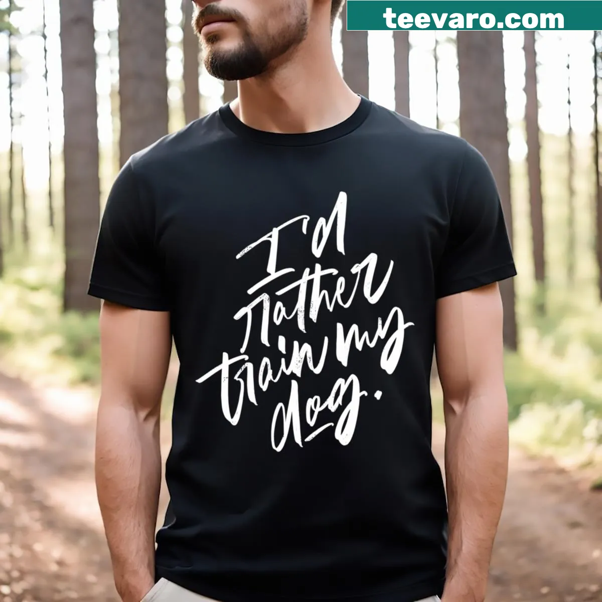 Hand-lettered T-shirt expressing love for training dogs — on a men's t-shirt