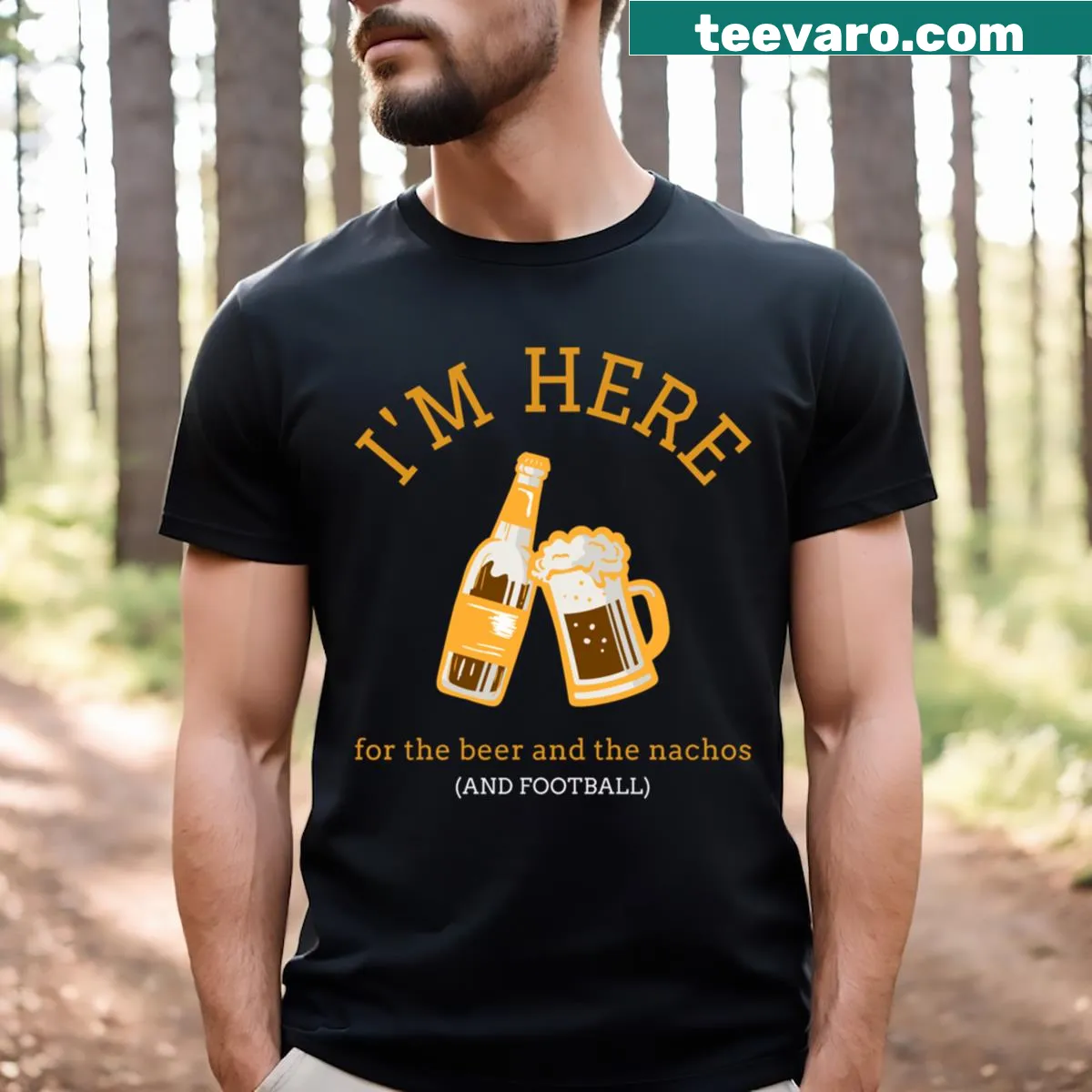 Funny T-shirt with beer, nachos, and football phrase — on a men's t-shirt
