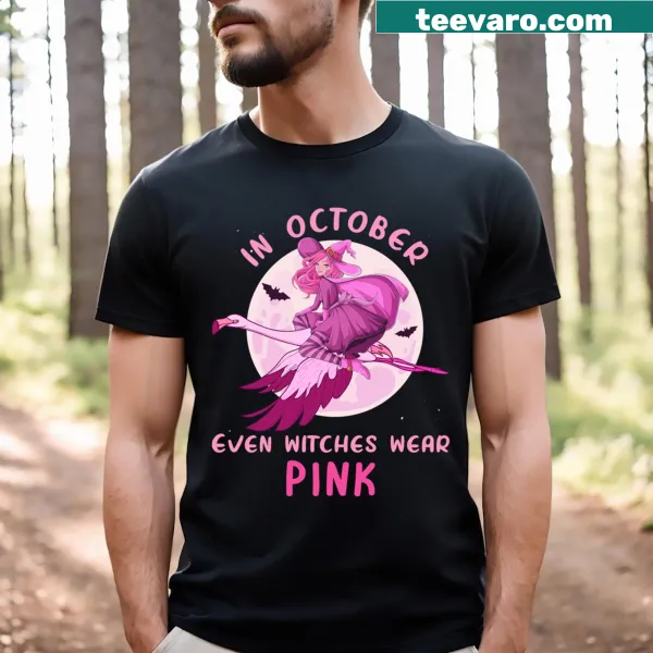 Whimsical pink witch illustration for Halloween with breast cancer awareness theme.
