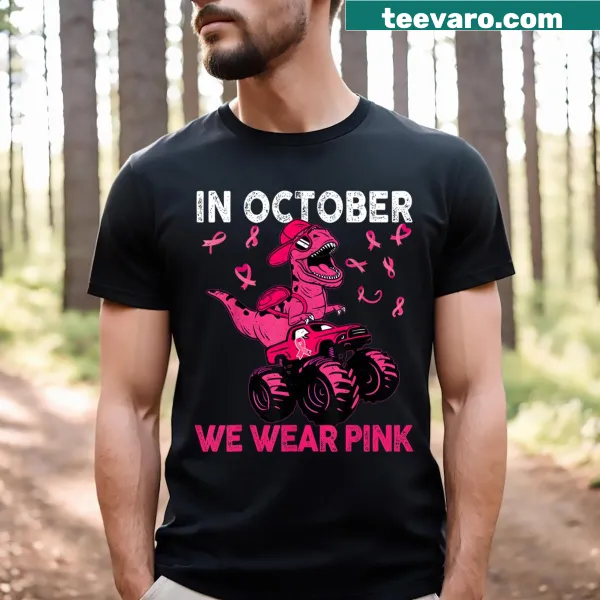 Kids T-shirt featuring a cute T-rex design for October breast cancer awareness.