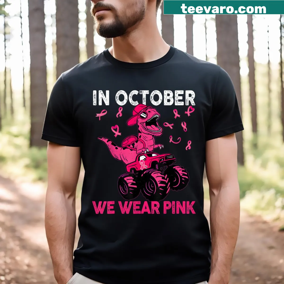 Kids T-shirt featuring a cute T-rex design for October breast cancer awareness. — on a men's t-shirt