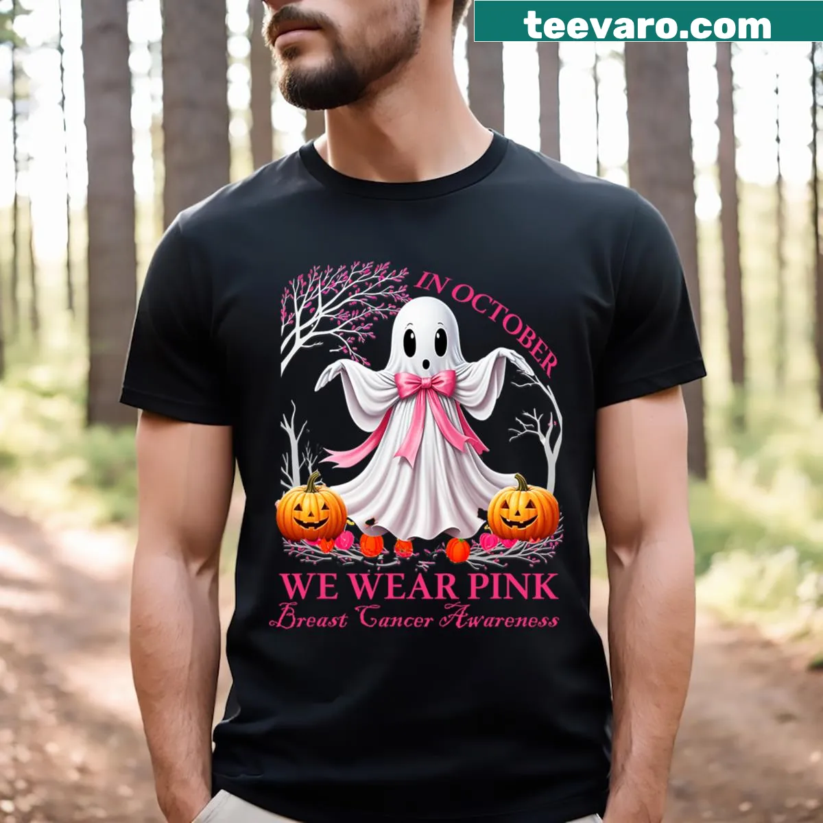 T-shirt with the phrase 'In October We Wear Pink' for cancer awareness — on a men's t-shirt