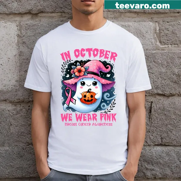 T-shirt featuring a ghost-witch design for October breast cancer awareness.