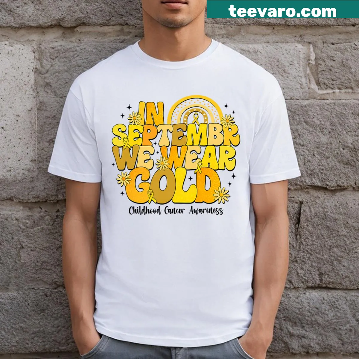 Childhood cancer awareness T-shirt with rainbow and text — on a men's t-shirt
