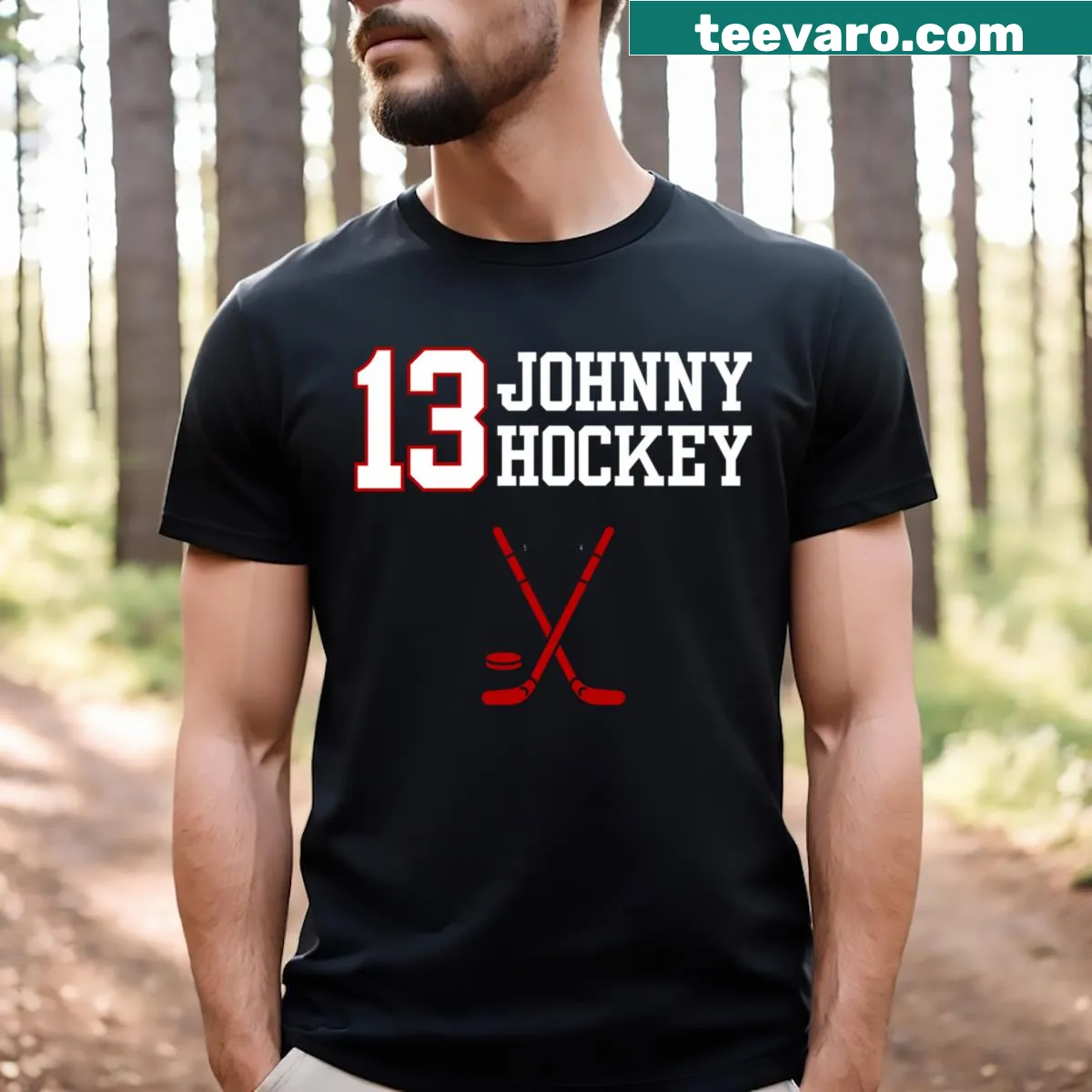 Johnny Gaudreau Hockey T-shirt with player name and number 13 — on a men's t-shirt