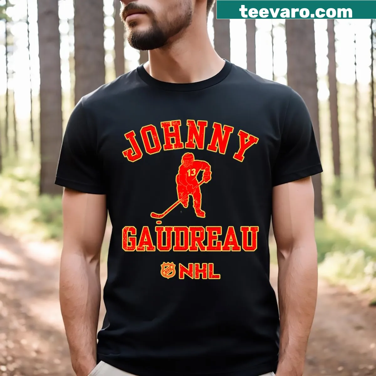 Johnny Gaudreau Ice Hockey T-shirt featuring player name and number 13 — on a men's t-shirt