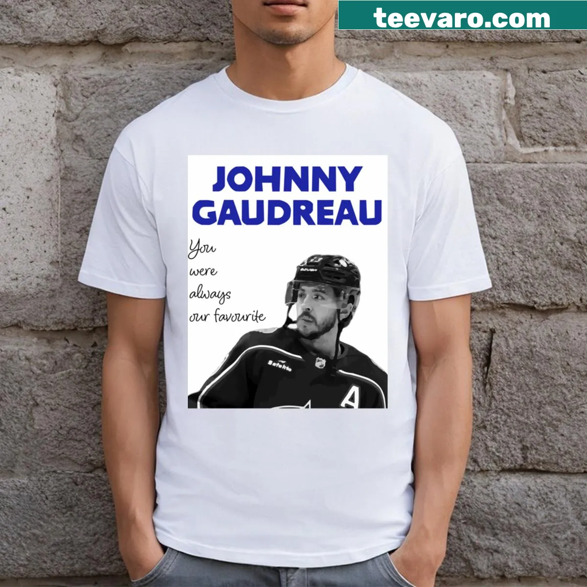 Simple t-shirt featuring Johnny Gaudreau's name, ideal for hockey fans. — on a men's t-shirt