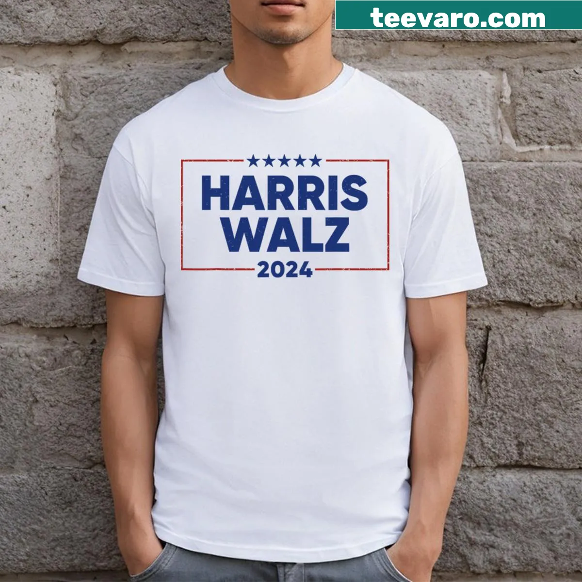 Bold typography design supporting Kamala Harris for President 2024 — on a men's t-shirt