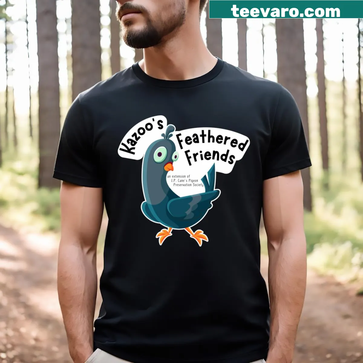 Playful Kazoos Feathered Friends t-shirt featuring whimsical illustrations — on a men's t-shirt