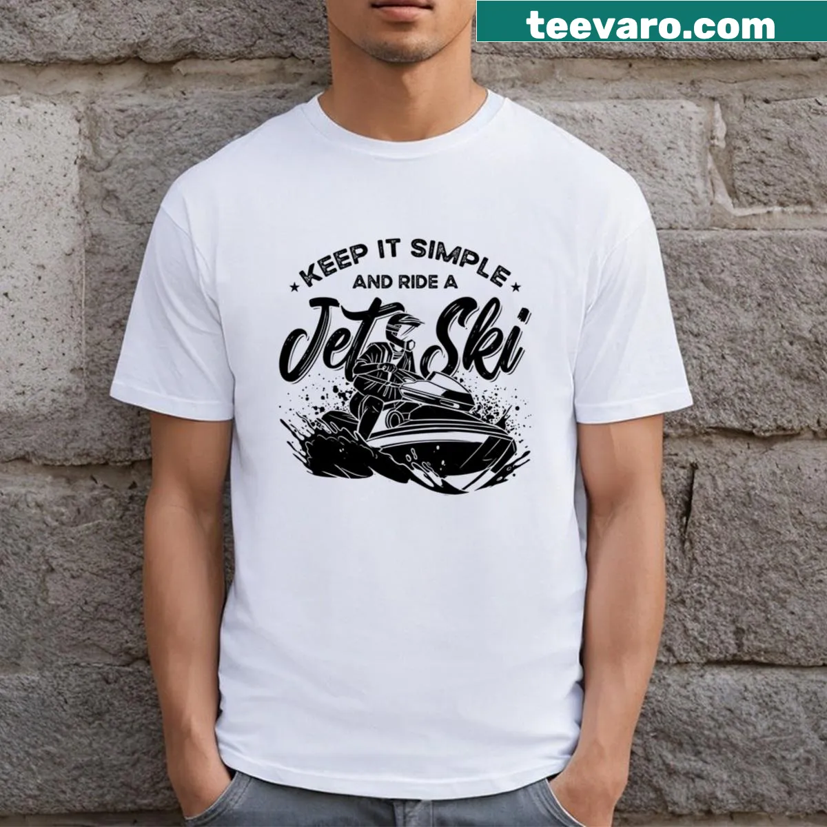 Minimalist jet skiing design with bold text — on a men's t-shirt