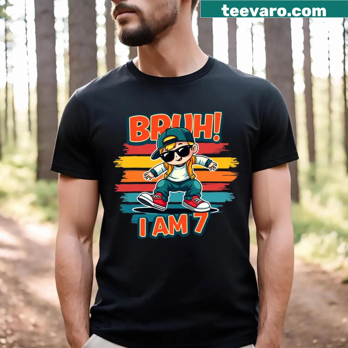 Kids' T-shirt with 'Bro I'm 7!' printed in bold letters. — on a men's t-shirt