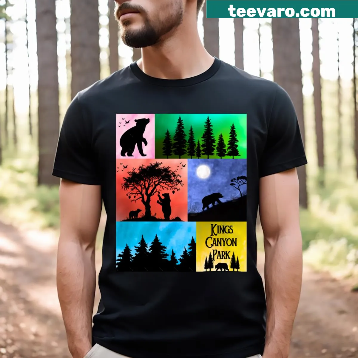 Pop art bear graphic T-shirt inspired by Kings Canyon National Park. — on a men's t-shirt