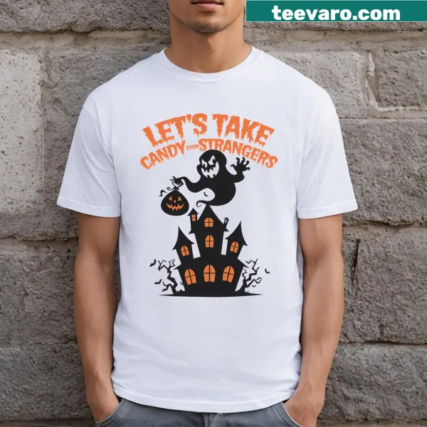 Kids Halloween T-shirt with 'Lets Take Candy From Strangers' phrase