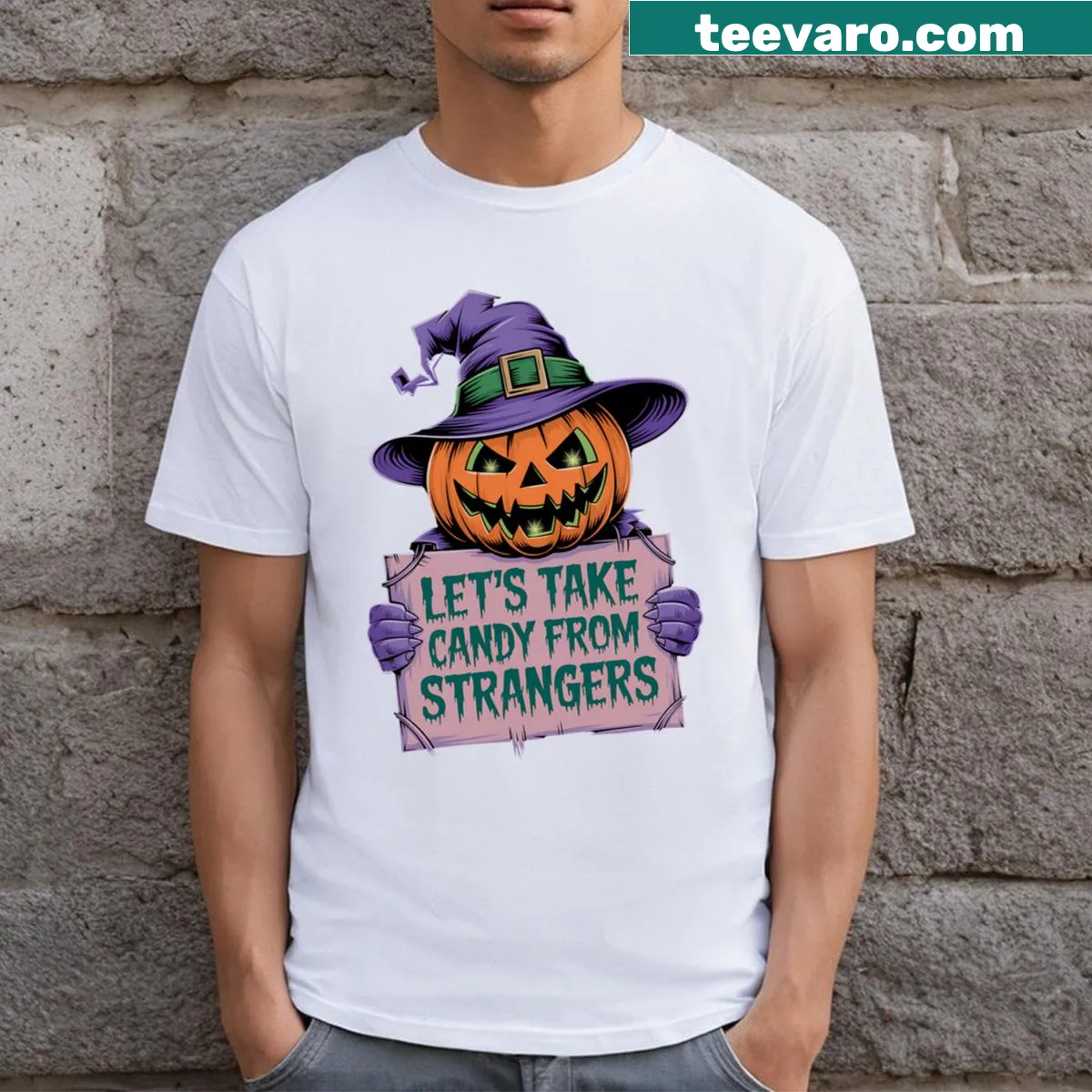 Kids Halloween T-shirt with pumpkin and 'Lets Take Candy From Strangers' — on a men's t-shirt