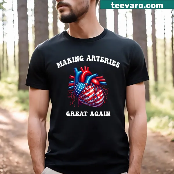 Patriotic t-shirt with the phrase 'Making Arteries Great Again' and USA flag