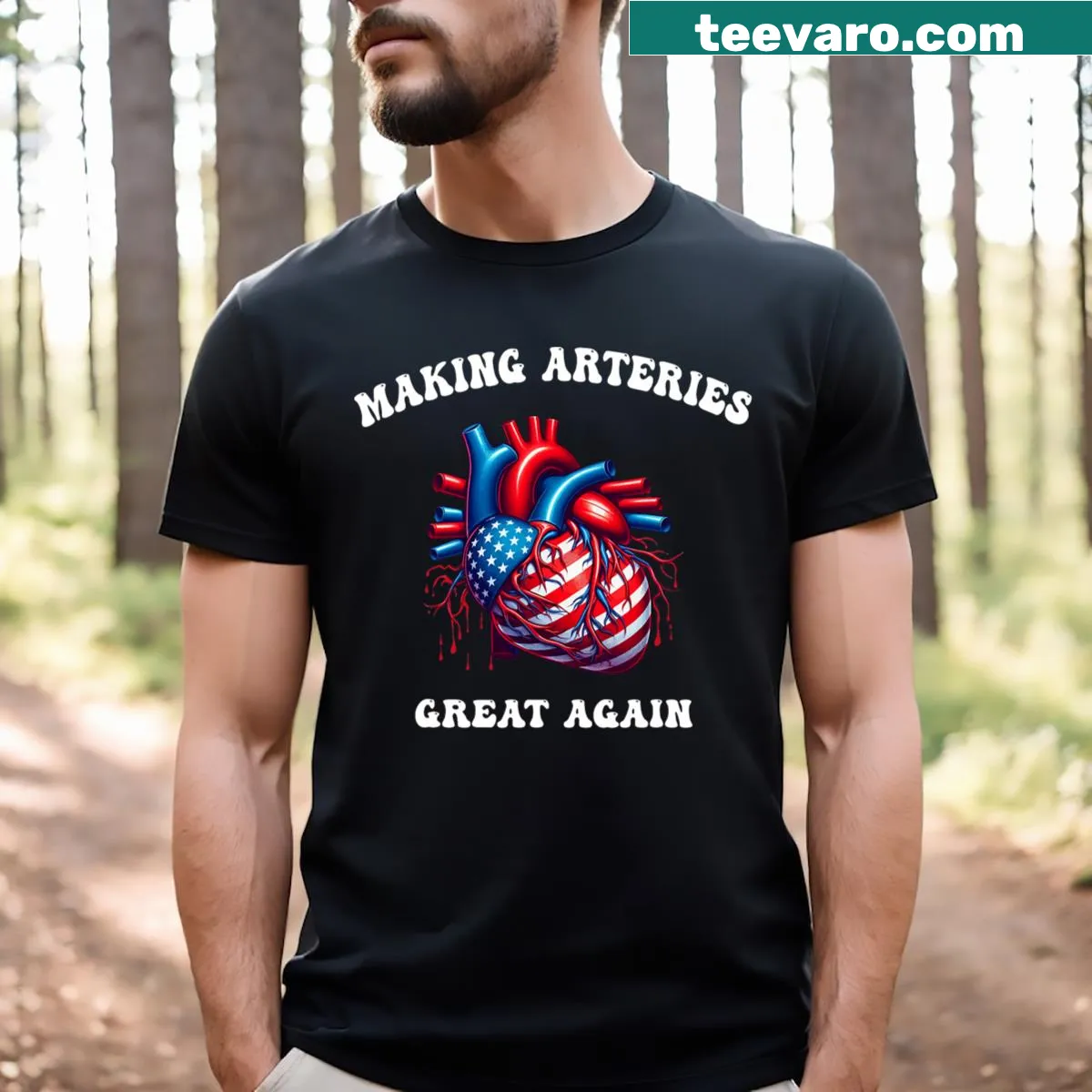 Patriotic t-shirt with the phrase 'Making Arteries Great Again' and USA flag — on a men's t-shirt