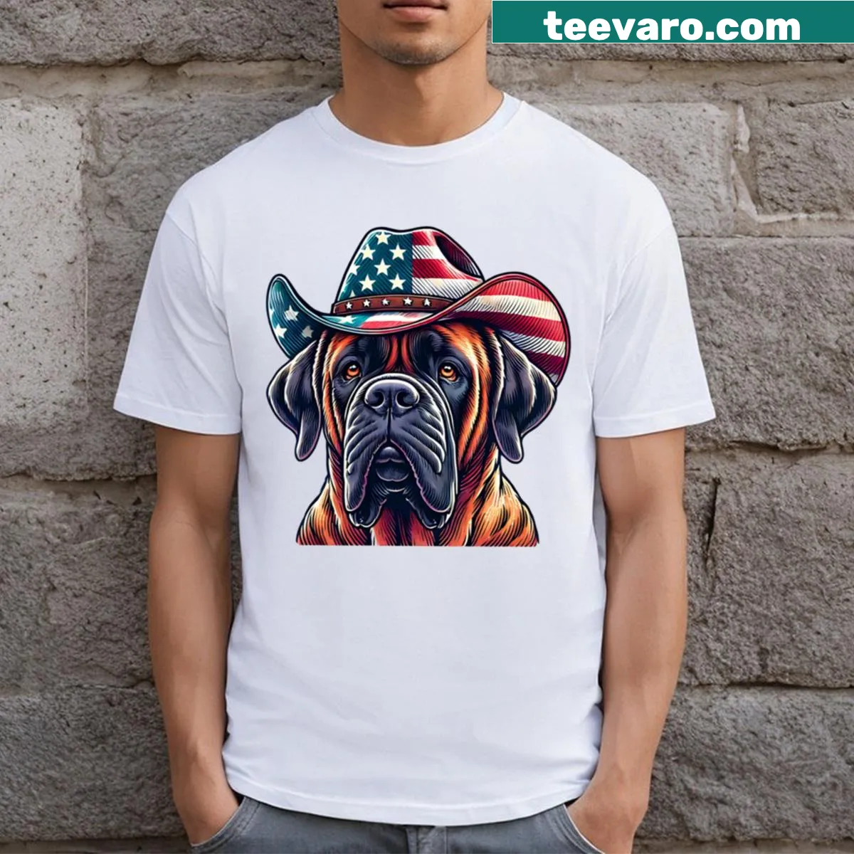 T-shirt featuring an American flag with a Mastiff illustration — on a men's t-shirt