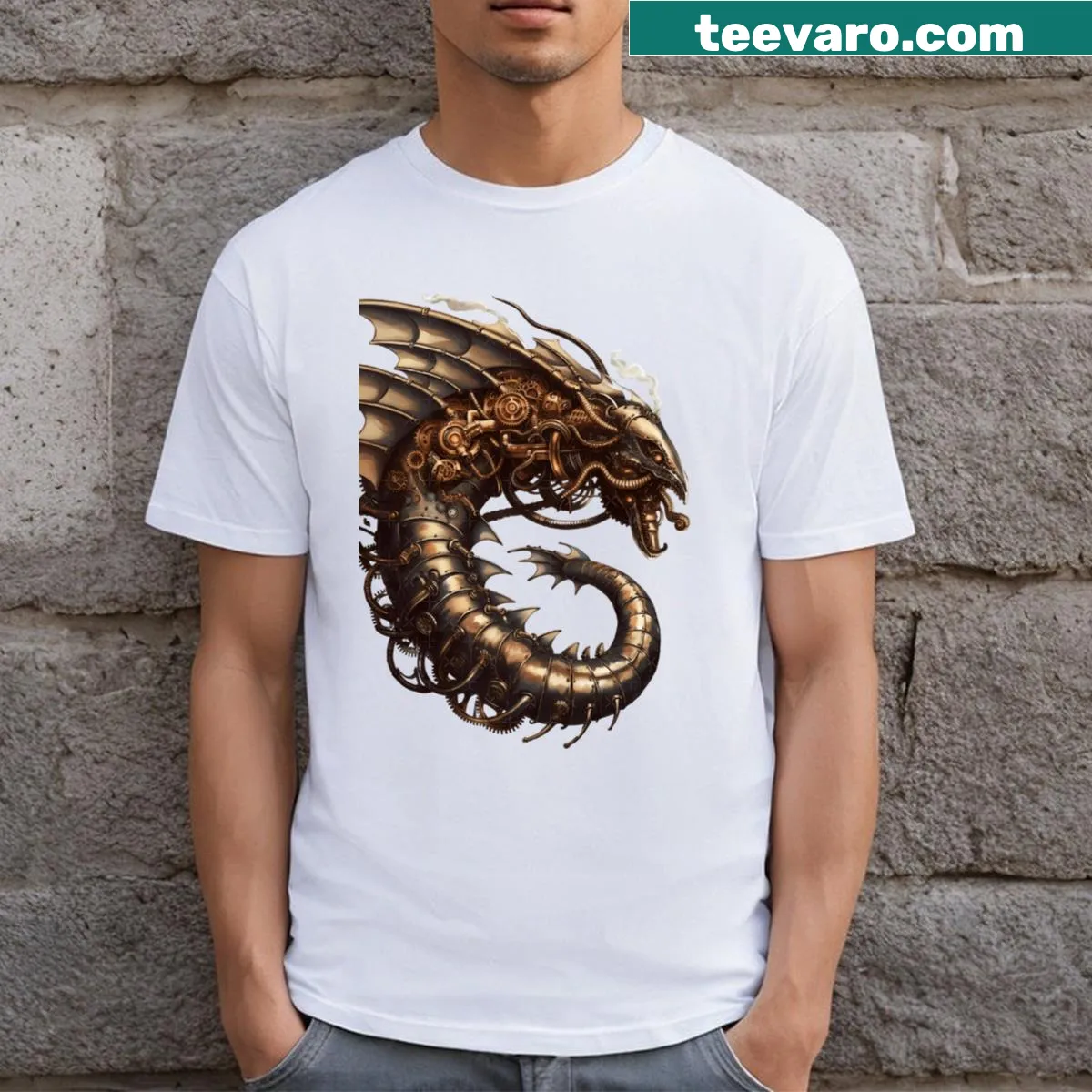 T-shirt featuring an illustration of a mechanical leviathan — on a men's t-shirt
