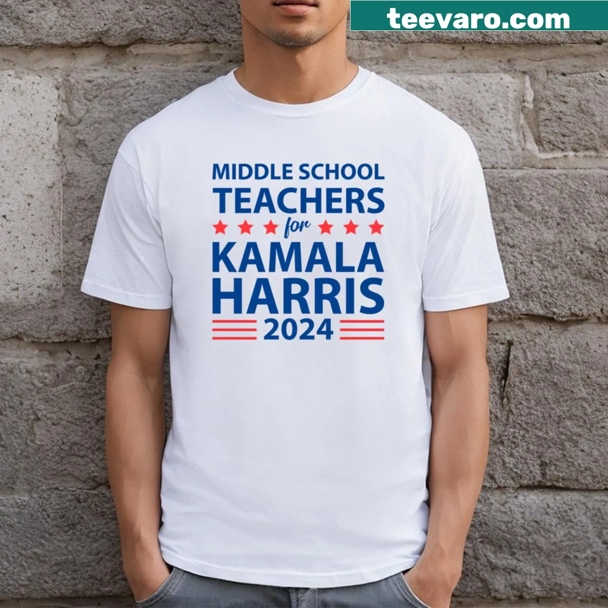 T-shirt supporting Kamala Harris for President 2024 worn by teachers — on a men's t-shirt