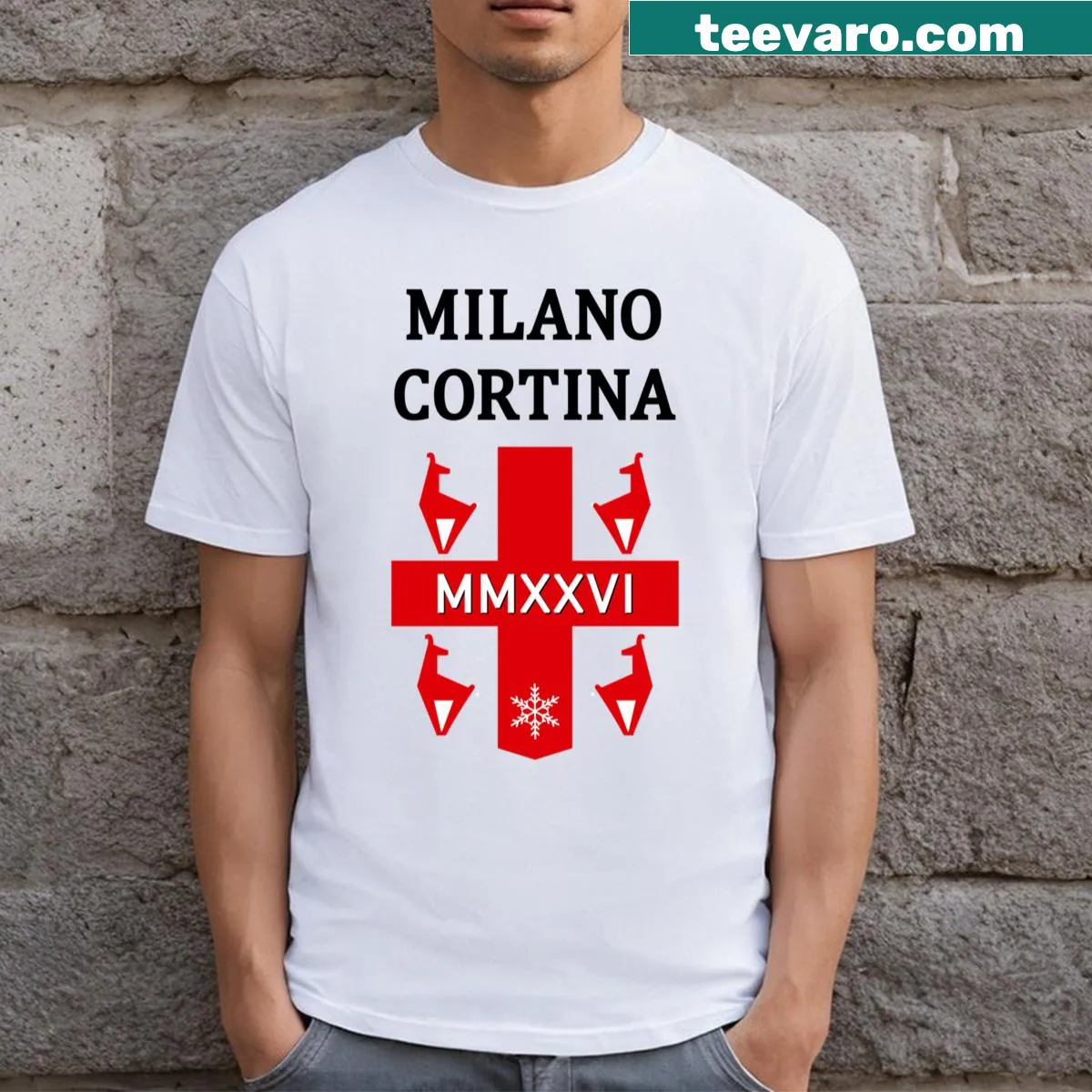 T-shirt with an illustration of skiing at Cortina Dampezzo — on a men's t-shirt