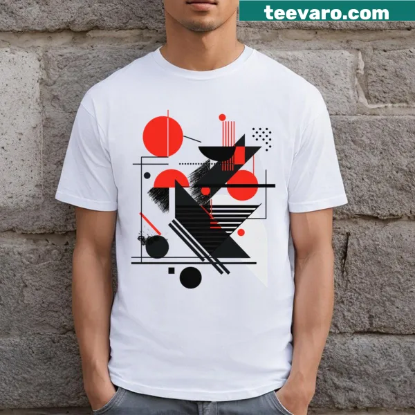 Minimalist geometric design T-shirt featuring red and black shapes