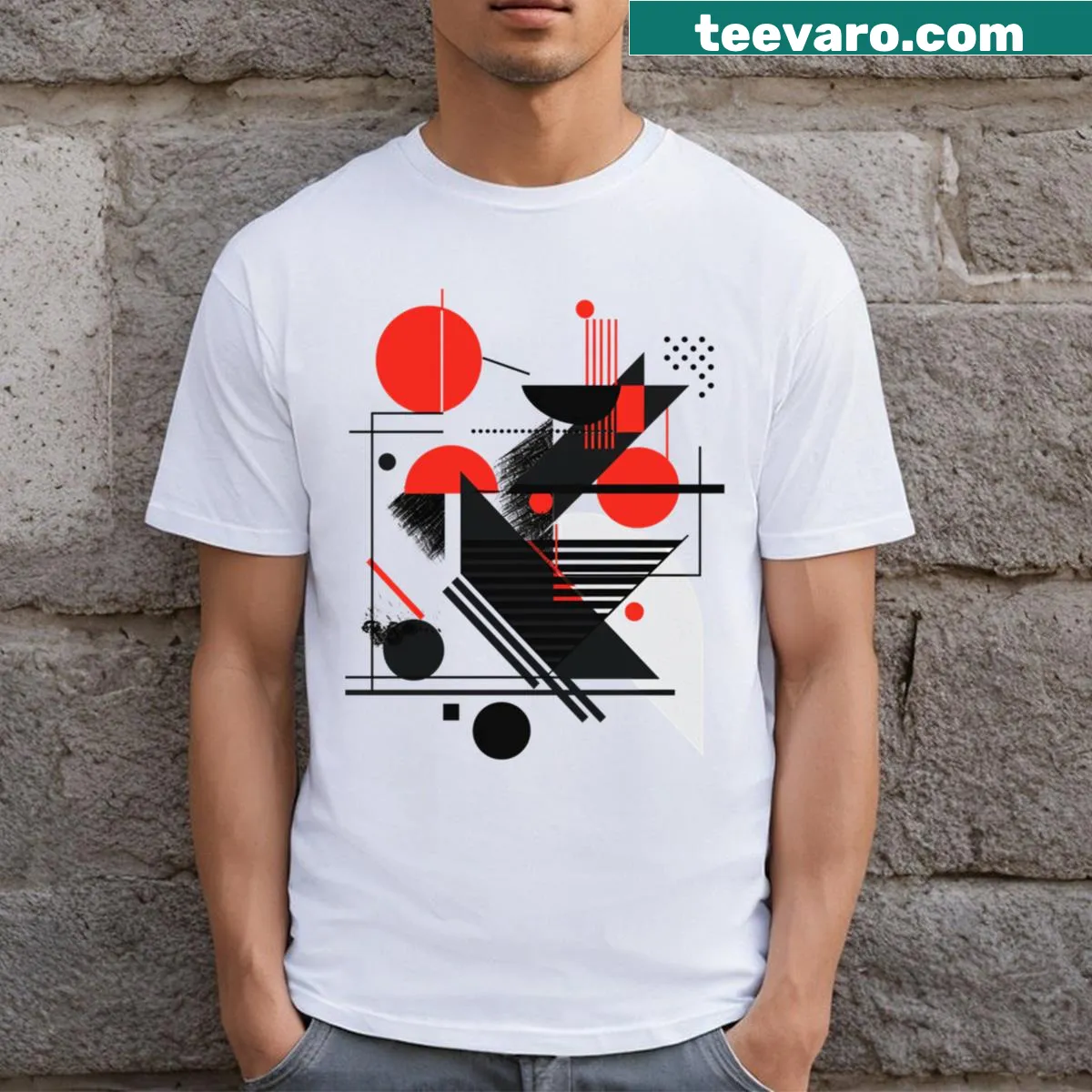 Minimalist geometric design T-shirt featuring red and black shapes — on a men's t-shirt