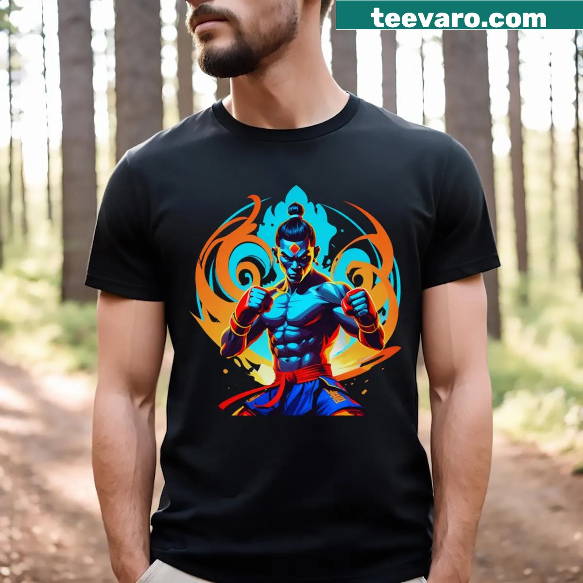 Illustration of a Muay Thai fighter on a modern T-shirt — on a men's t-shirt