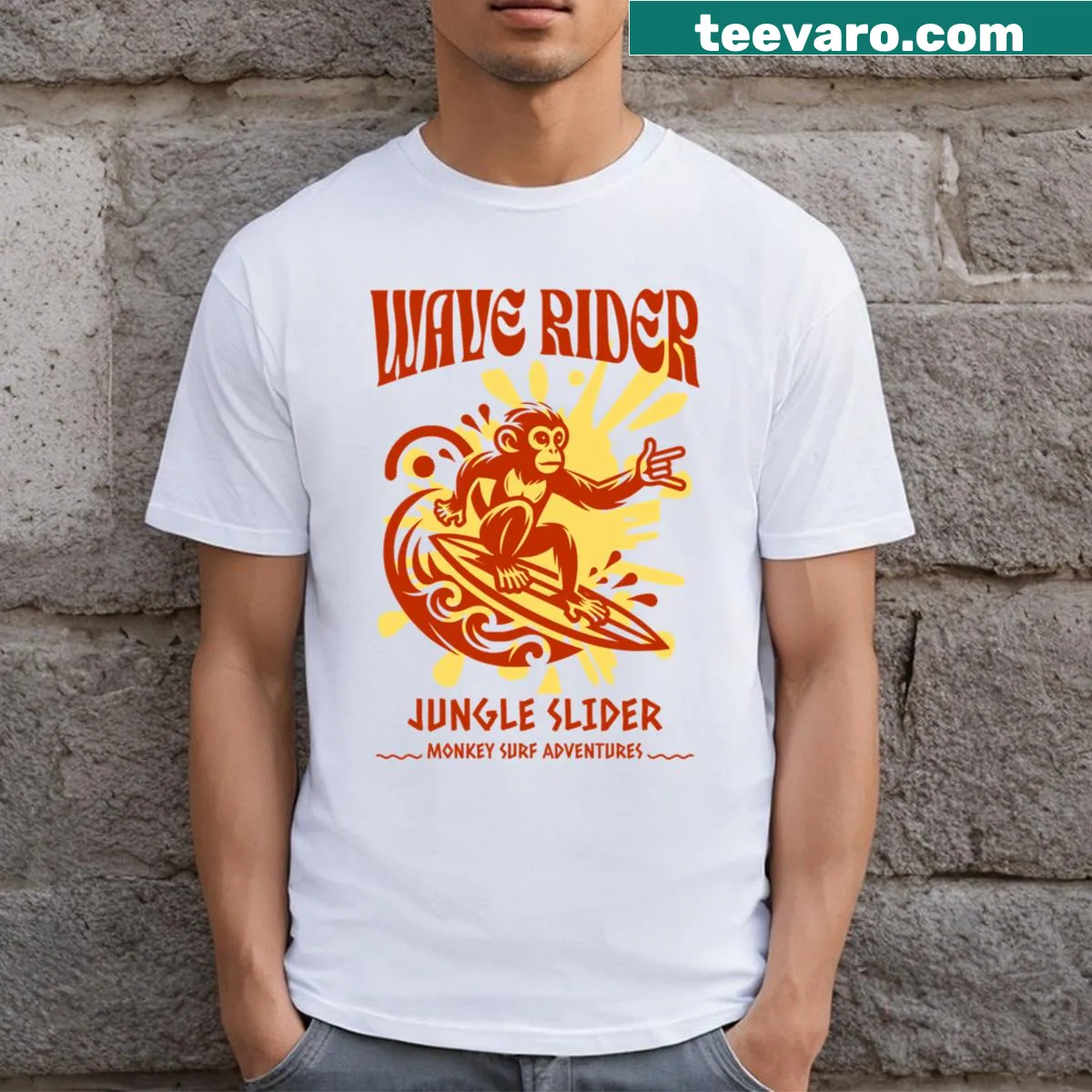 T-shirt depicting a monkey surfing on a wave — on a men's t-shirt