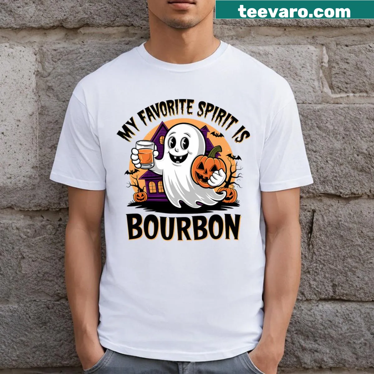 Funny T-shirt with bourbon-themed graphic — on a men's t-shirt