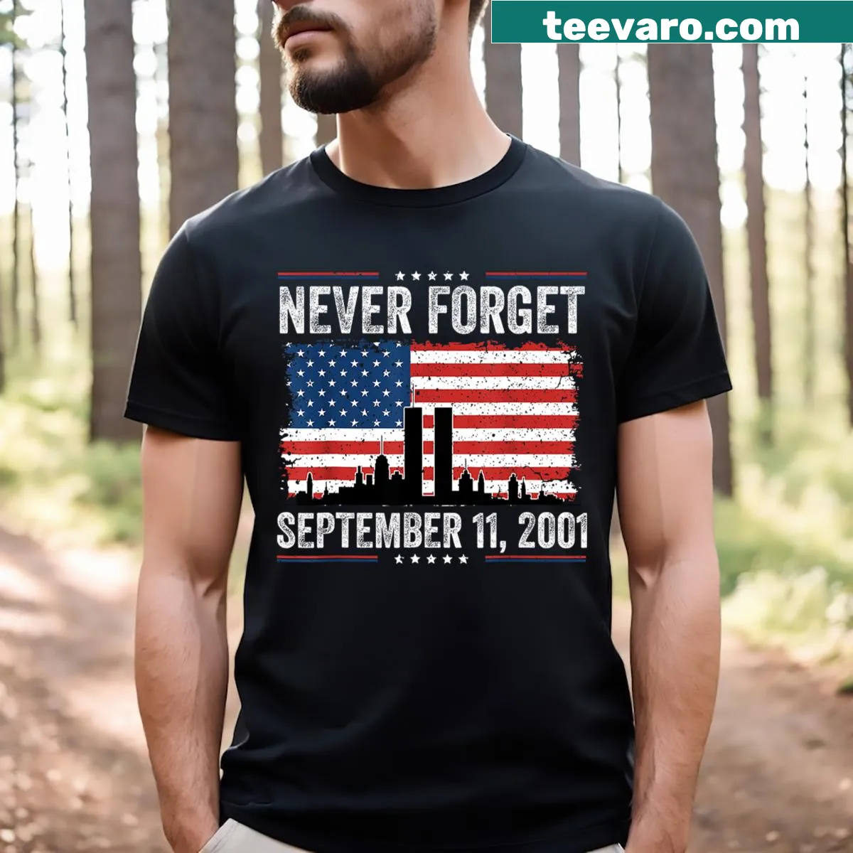 T-shirt featuring American flag and 'Never Forget September 11 2001' text — on a men's t-shirt