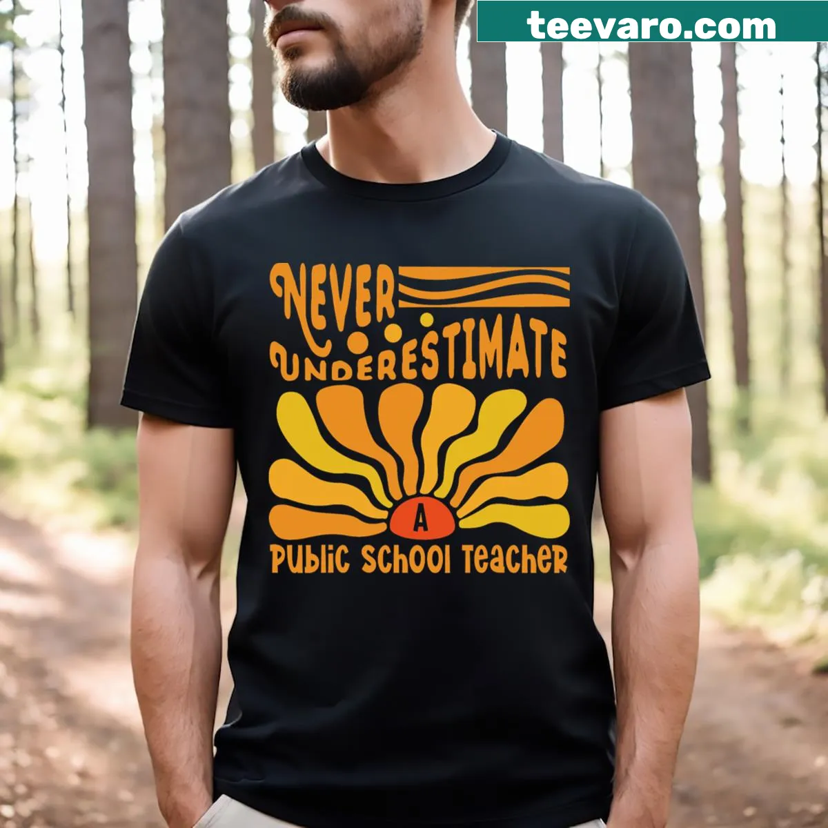 T-shirt with motivational text 'Never Underestimate A Public School Teacher' — on a men's t-shirt