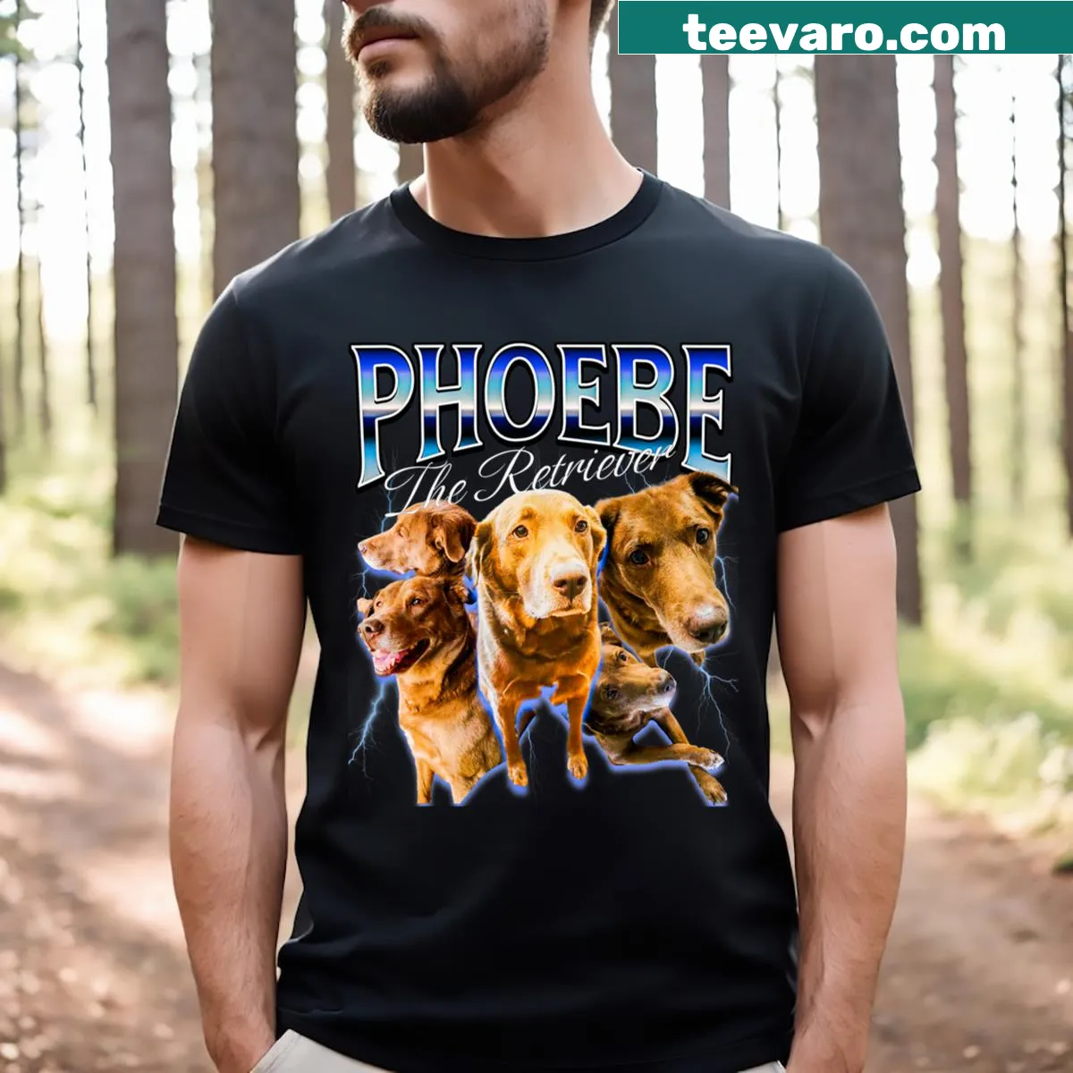 Playful cartoon of Phoebe the dog on a fun t-shirt — on a men's t-shirt