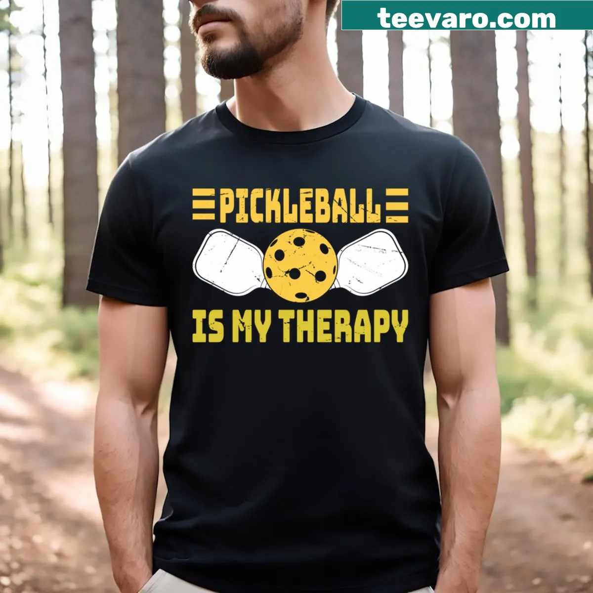 Pickleball therapy t-shirt with bold typography — on a men's t-shirt