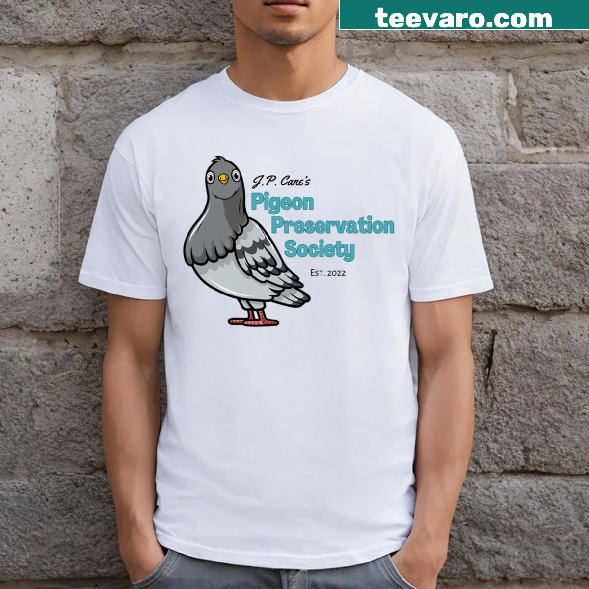 Pigeon Preservation Society t-shirt with graphic — on a men's t-shirt