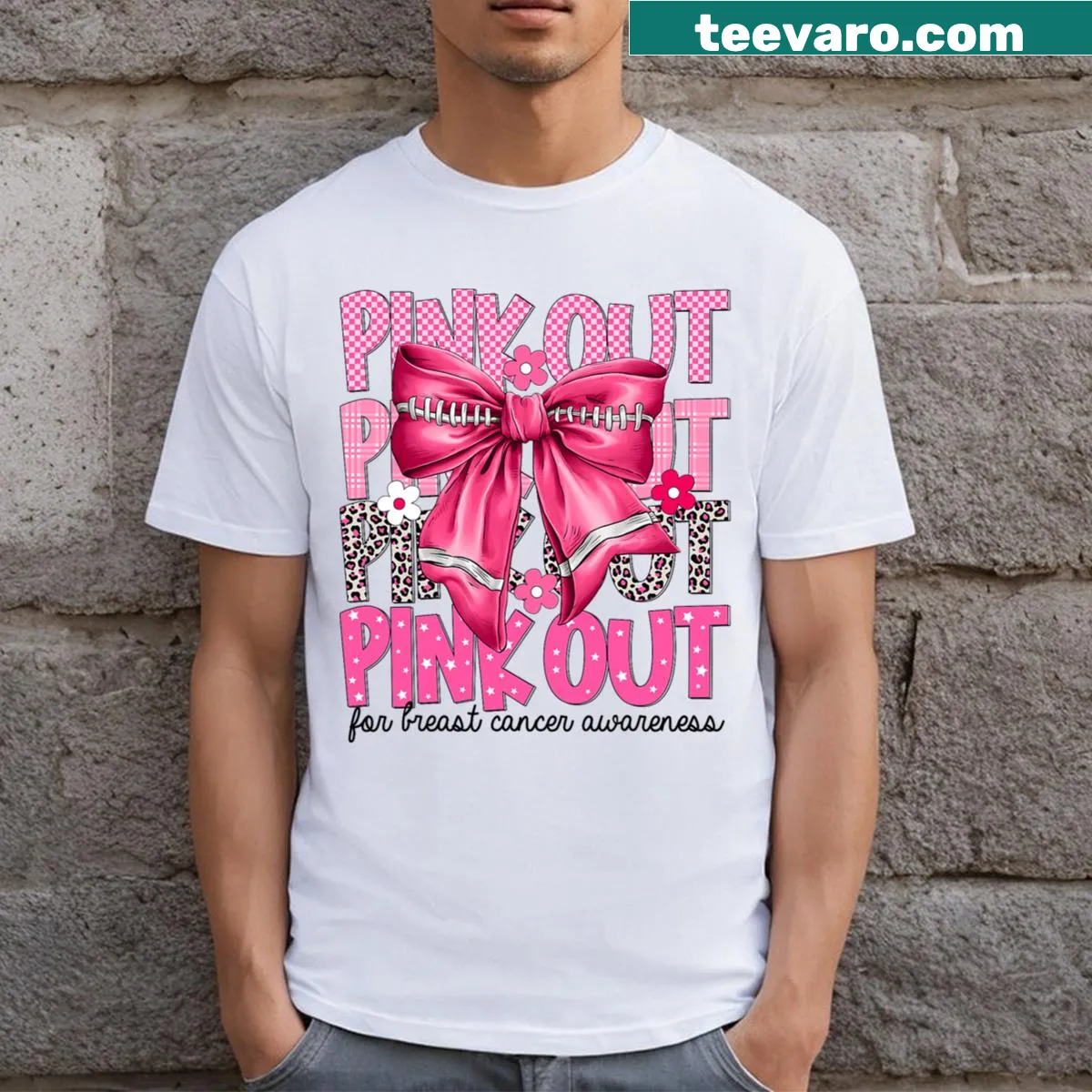 Breast Cancer Awareness T-shirt with coquette bow design — on a men's t-shirt