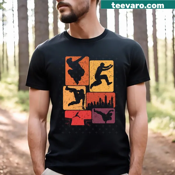 Retro parkour athlete T-shirt with city skyline design