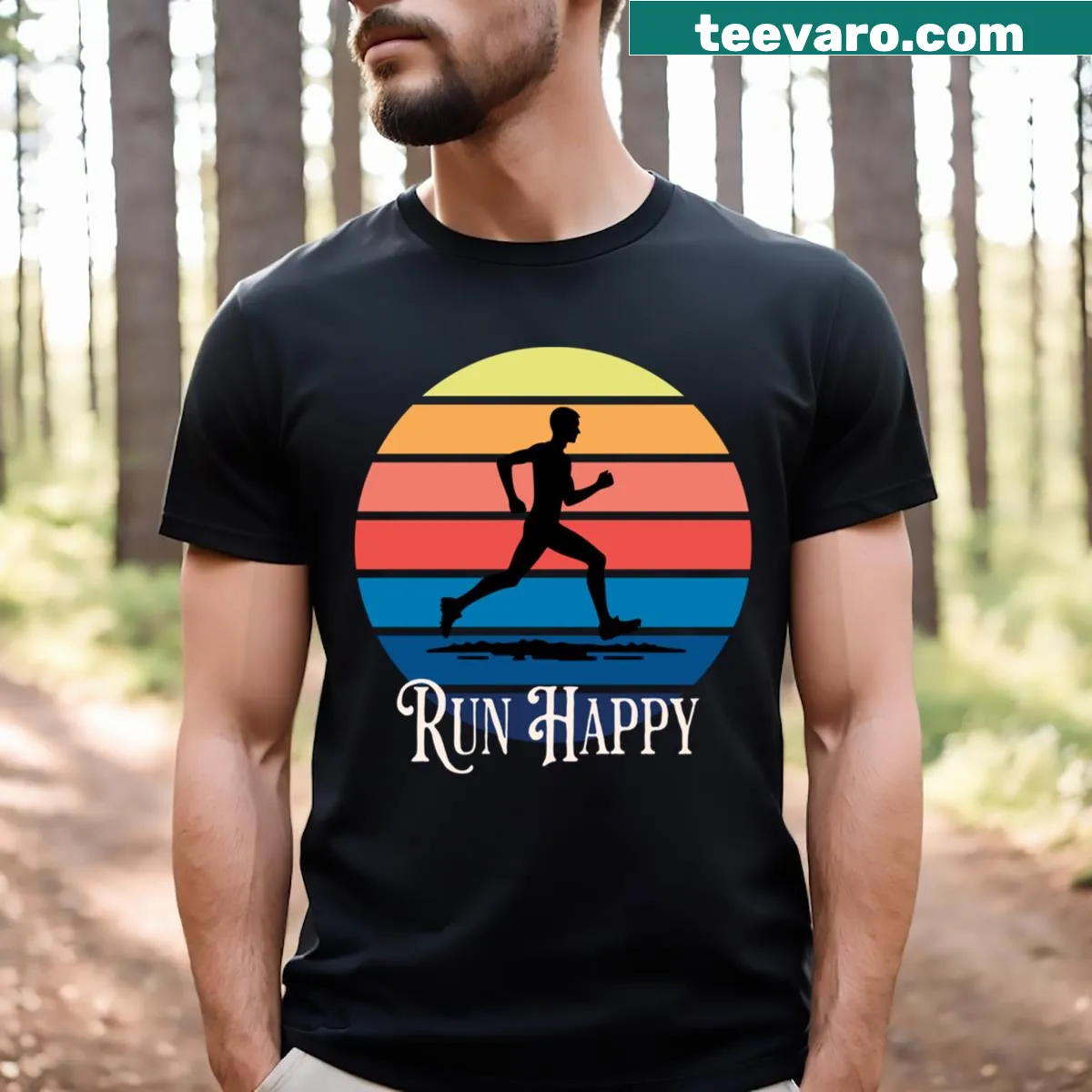 Playful Runhappy t-shirt featuring cheerful typography — on a men's t-shirt