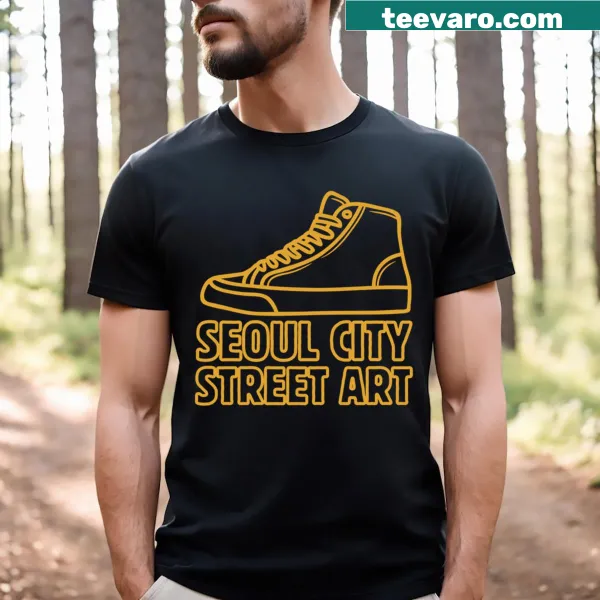Artistic sneaker design T-shirt inspired by Seoul street art.