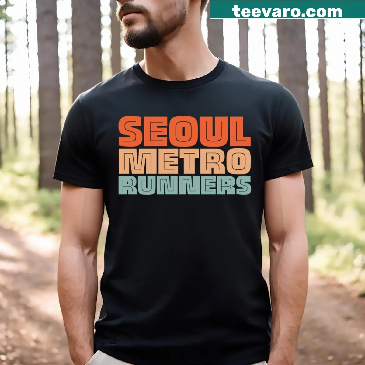 Playful design combining running and Seoul metro themes on a T-shirt. — on a men's t-shirt