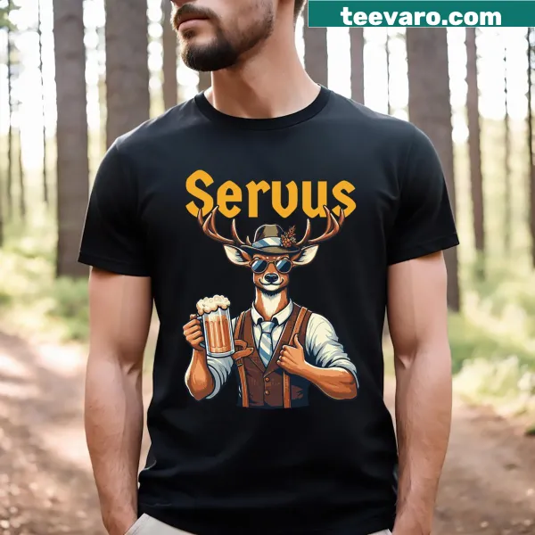 Illustration of a deer in German Trachten on an Oktoberfest T-shirt.