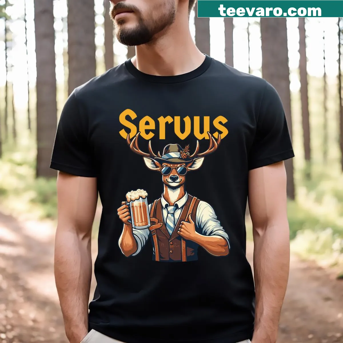 Illustration of a deer in German Trachten on an Oktoberfest T-shirt. — on a men's t-shirt
